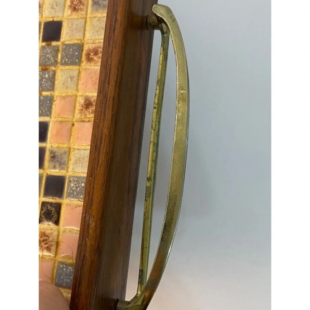 Vintage Mid Century Modern Mosaic Tile Wood Serving Tray Brass Handles Vered